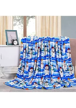 Décor&More Velvet Touch Holiday Throw Fleece Blanket (50" x 60") - Snowman Friends - Snowman Themed Throw Blanket
